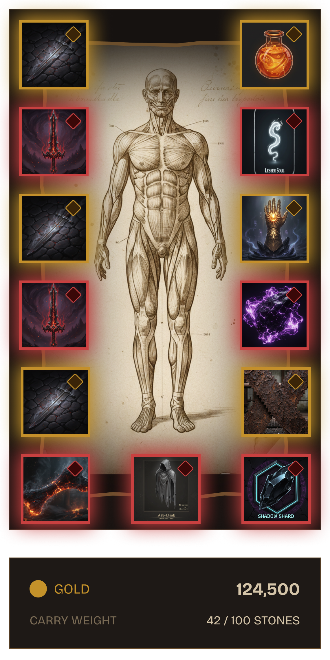 Equipment doll — Mythic bordered slots, fully equipped