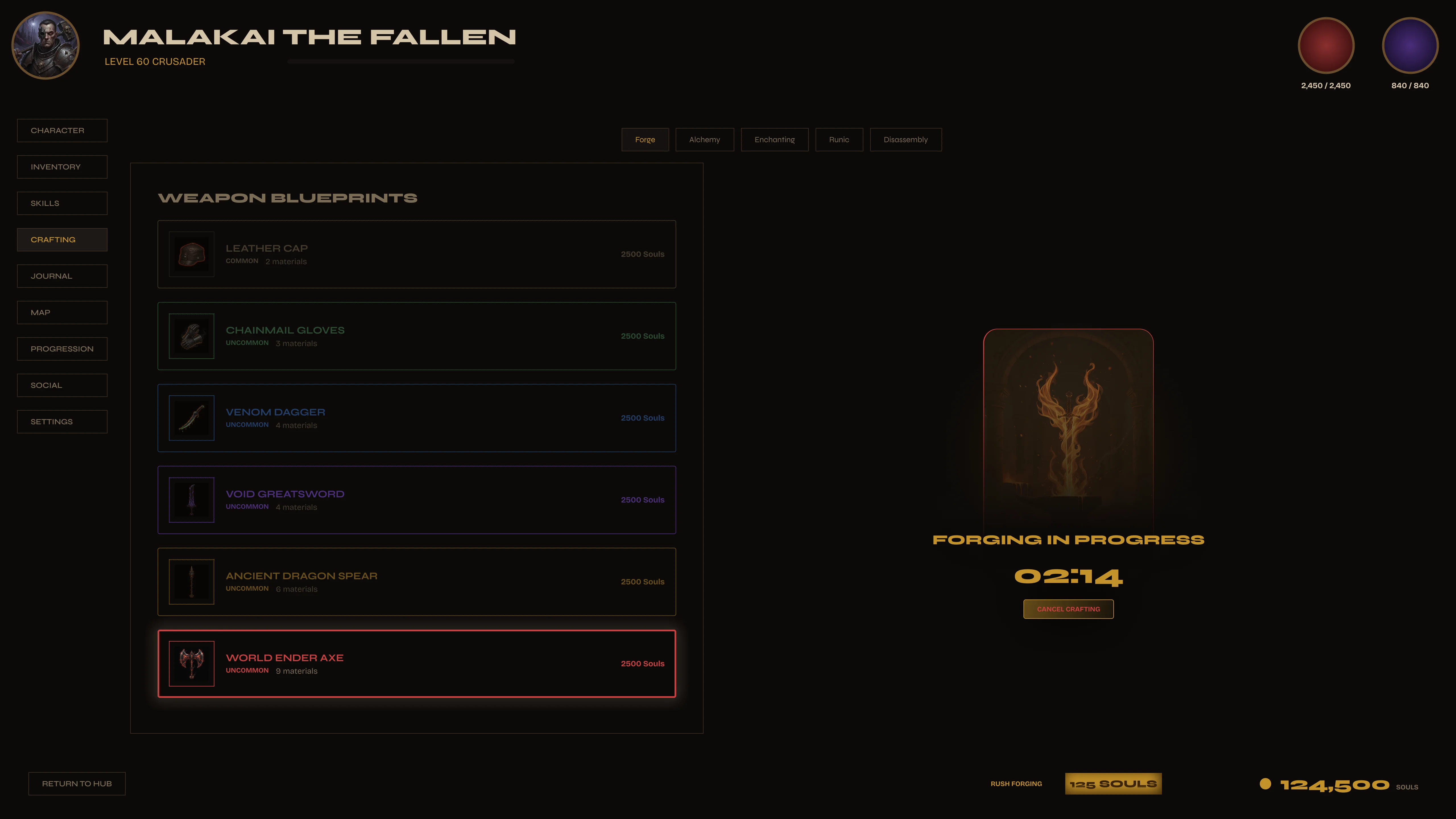 Crafting Forge — main screen