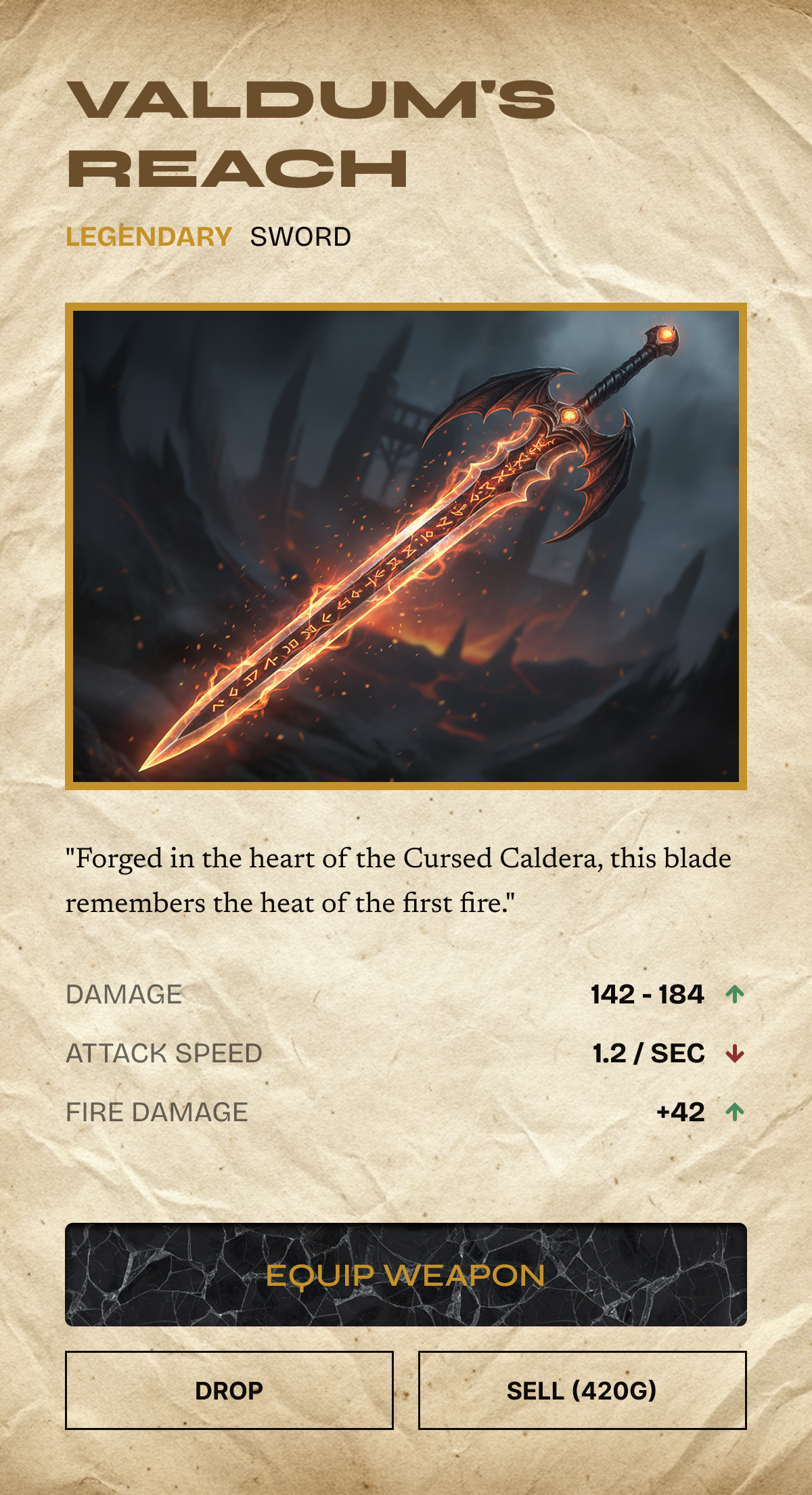 Valdum's Reach — Legendary sword detail panel