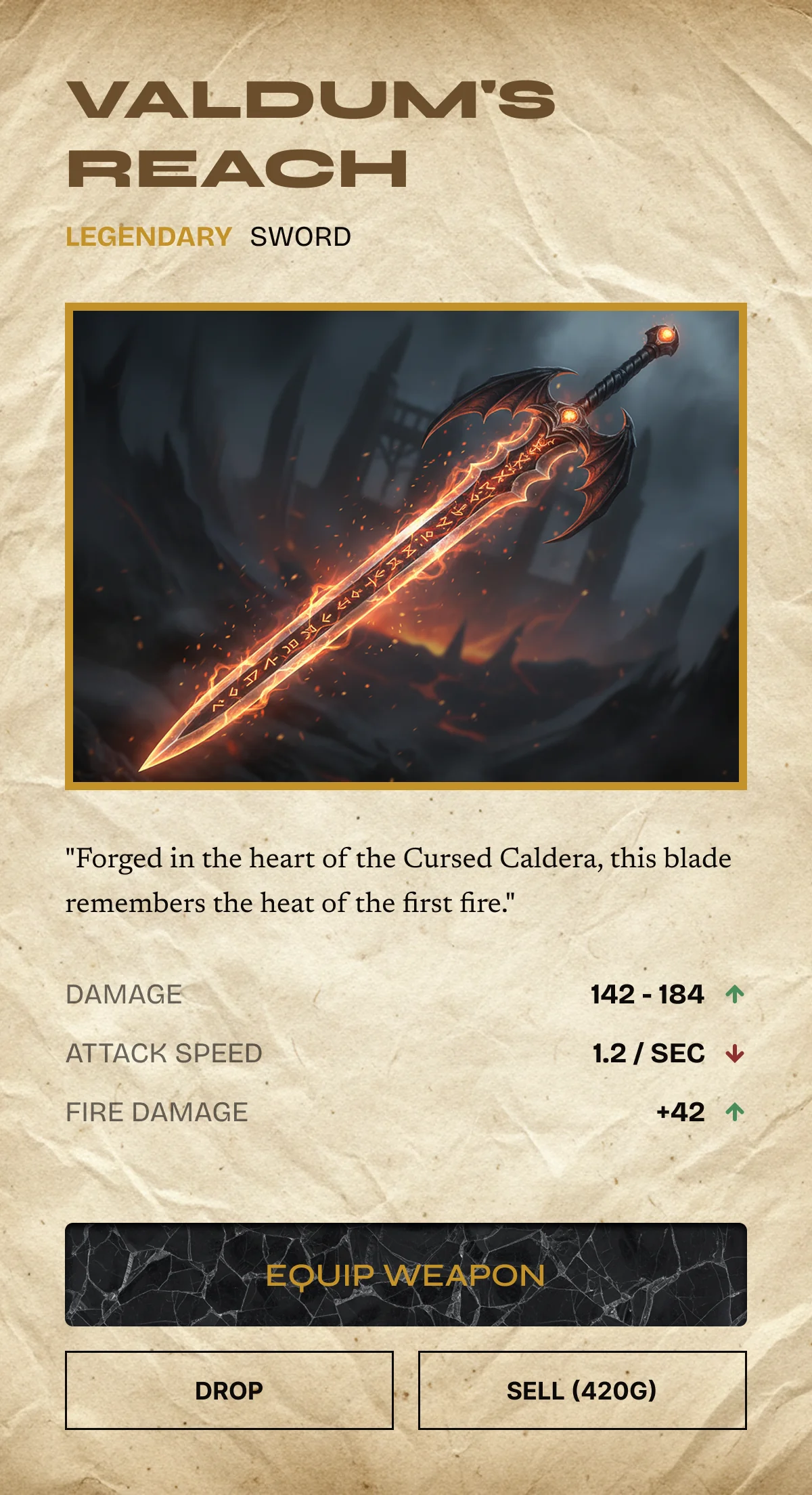 Item detail panel — Legendary sword