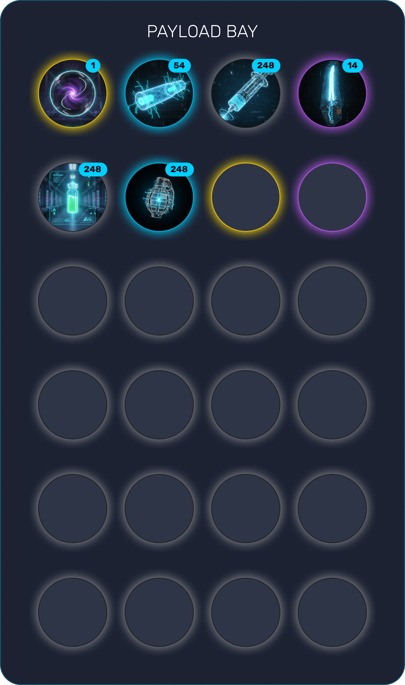 Payload Bay — orbital item slots with rarity rings