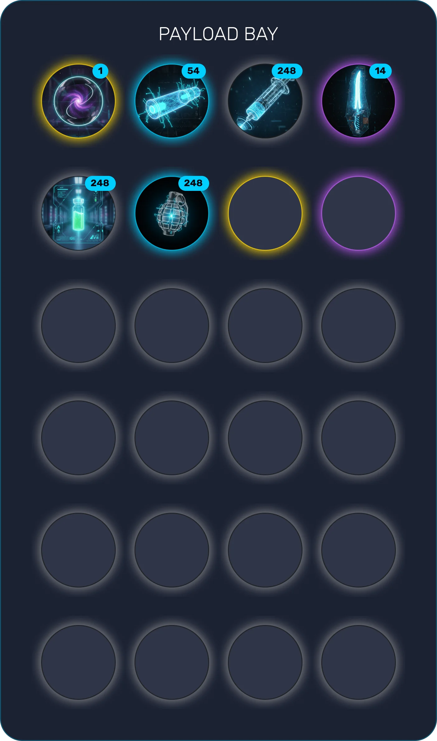 Payload Bay — orbital item slots with rarity rings