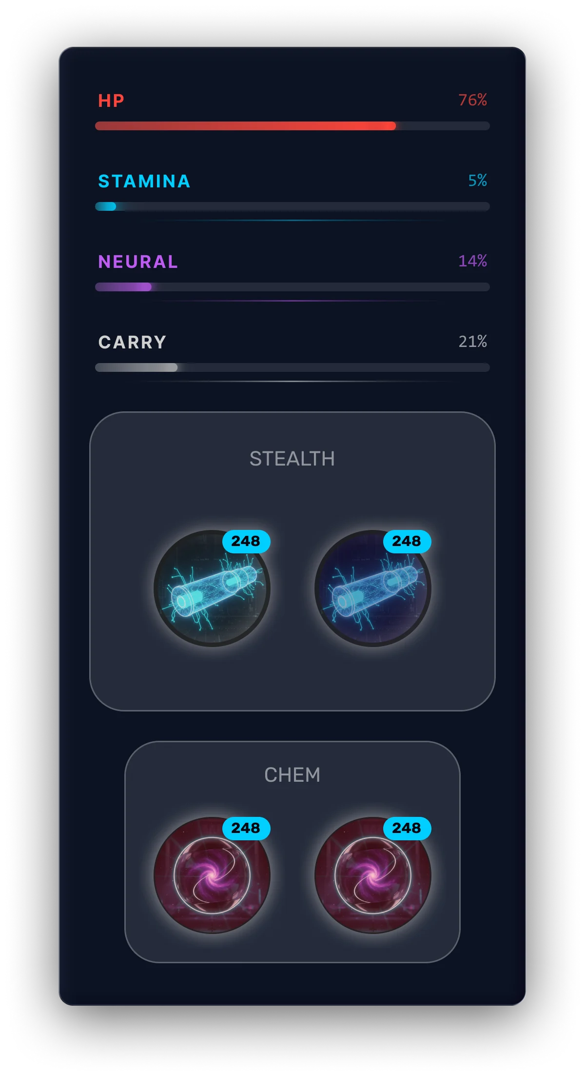 Stat bars — HP, Stamina, Neural, Carry