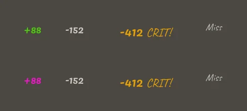 Floating damage numbers — Normal, CRIT, Heal, Miss