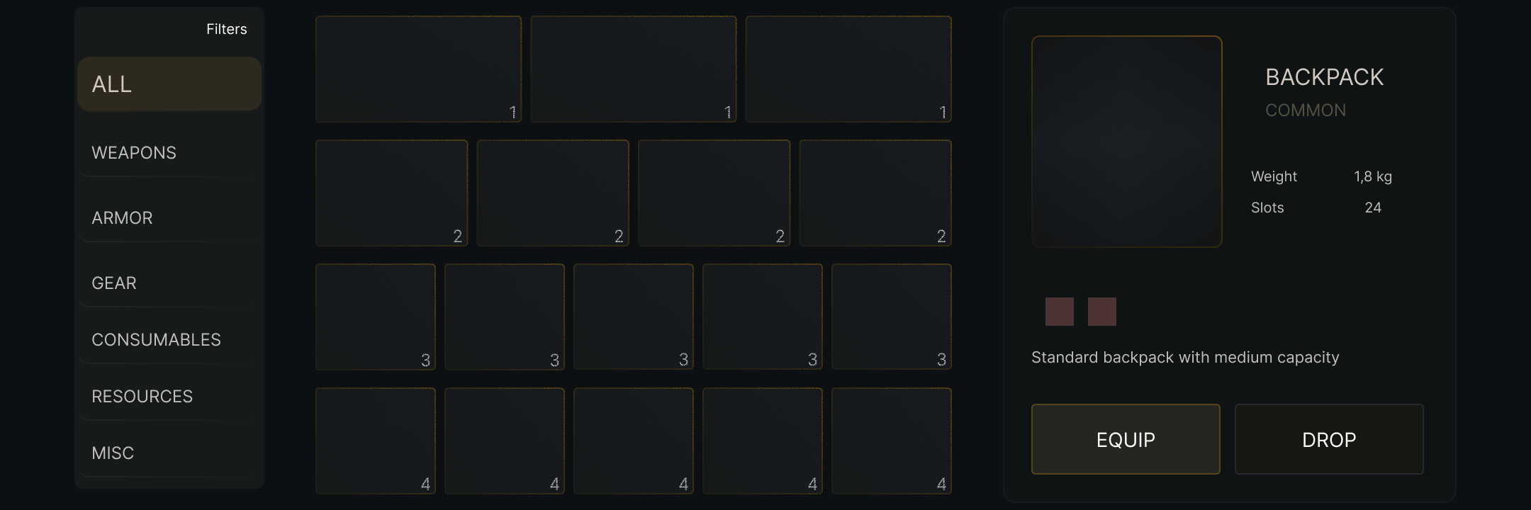 Dark RPG Inventory — full layout view