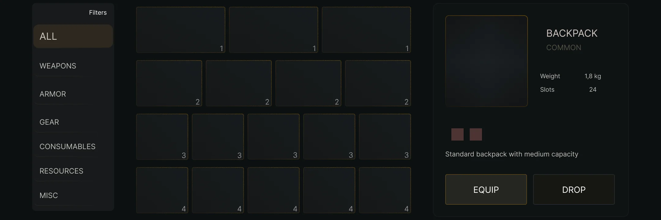 Dark RPG Inventory — full layout view