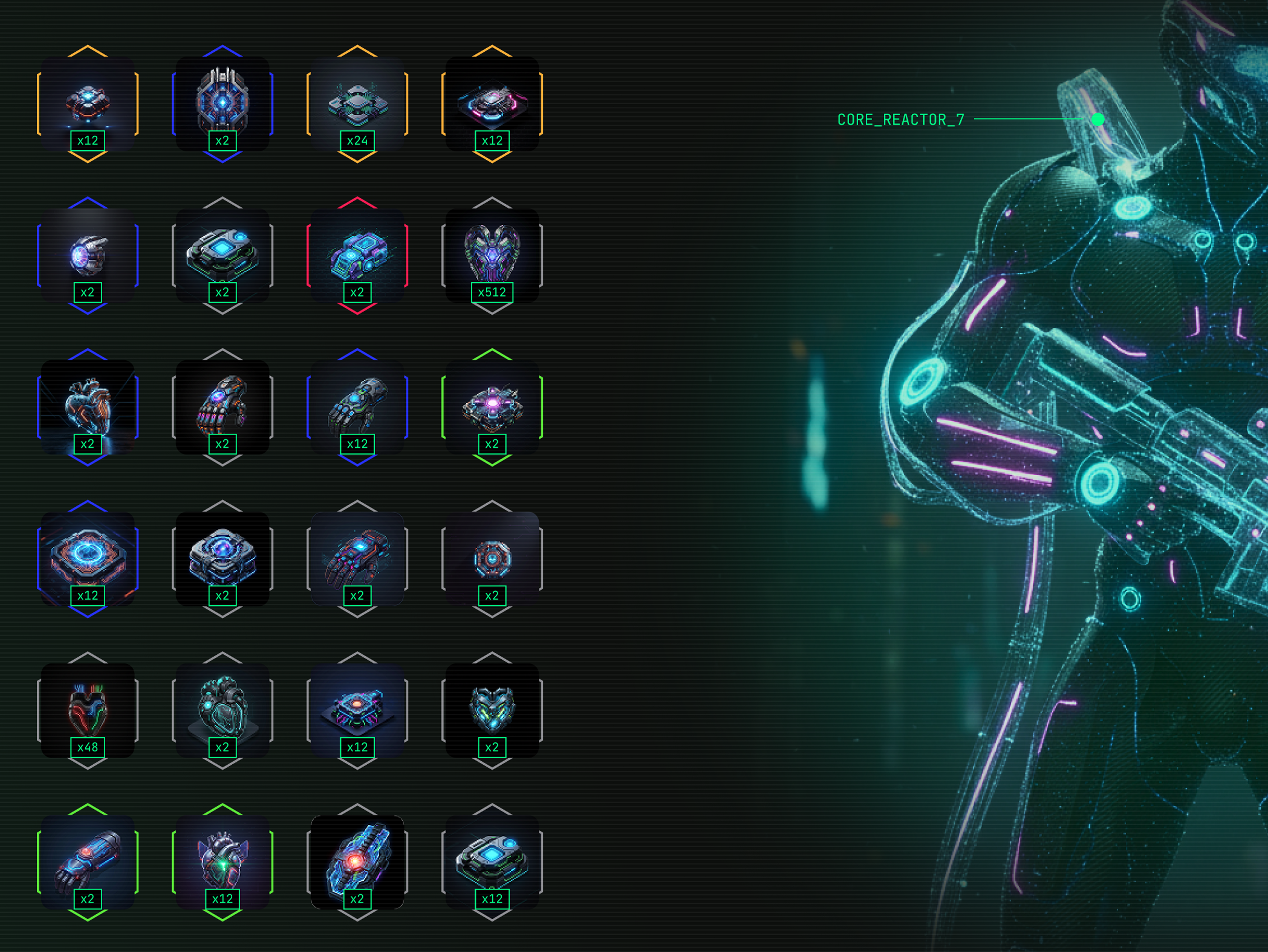 Nexus Protocol 2X — inventory grid with agent character