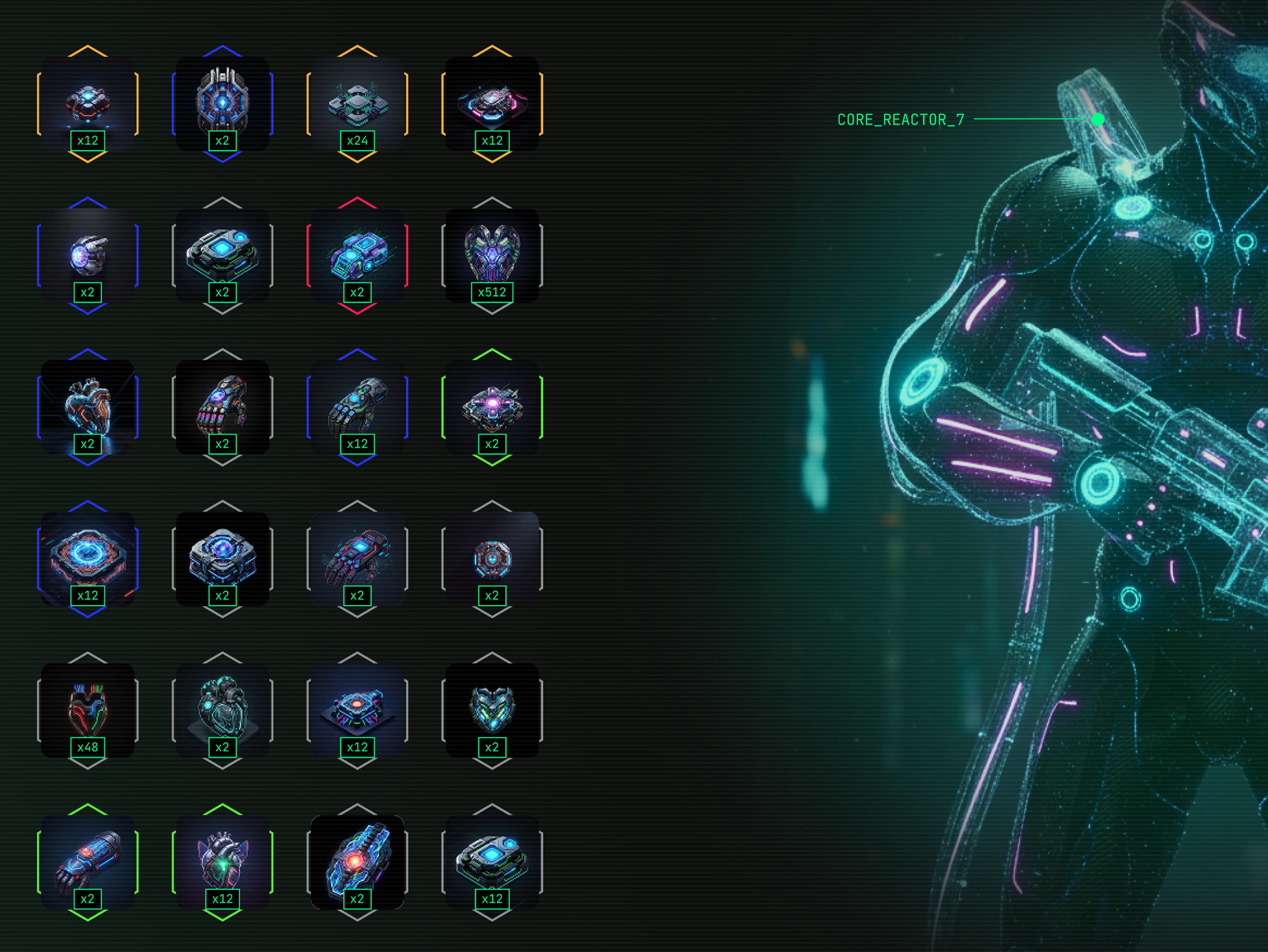 Nexus Protocol 2X — inventory grid with agent character