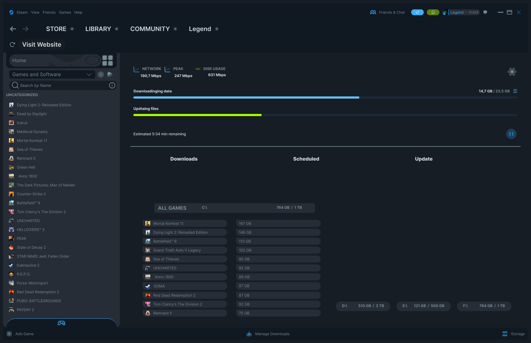 Steam — C drive expanded inline in Downloads screen