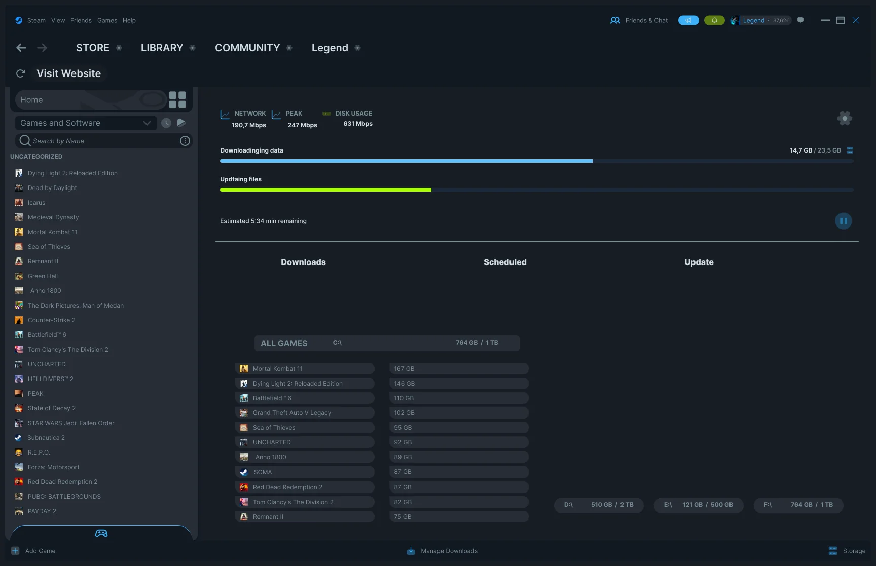 Steam — C drive expanded inline in Downloads screen