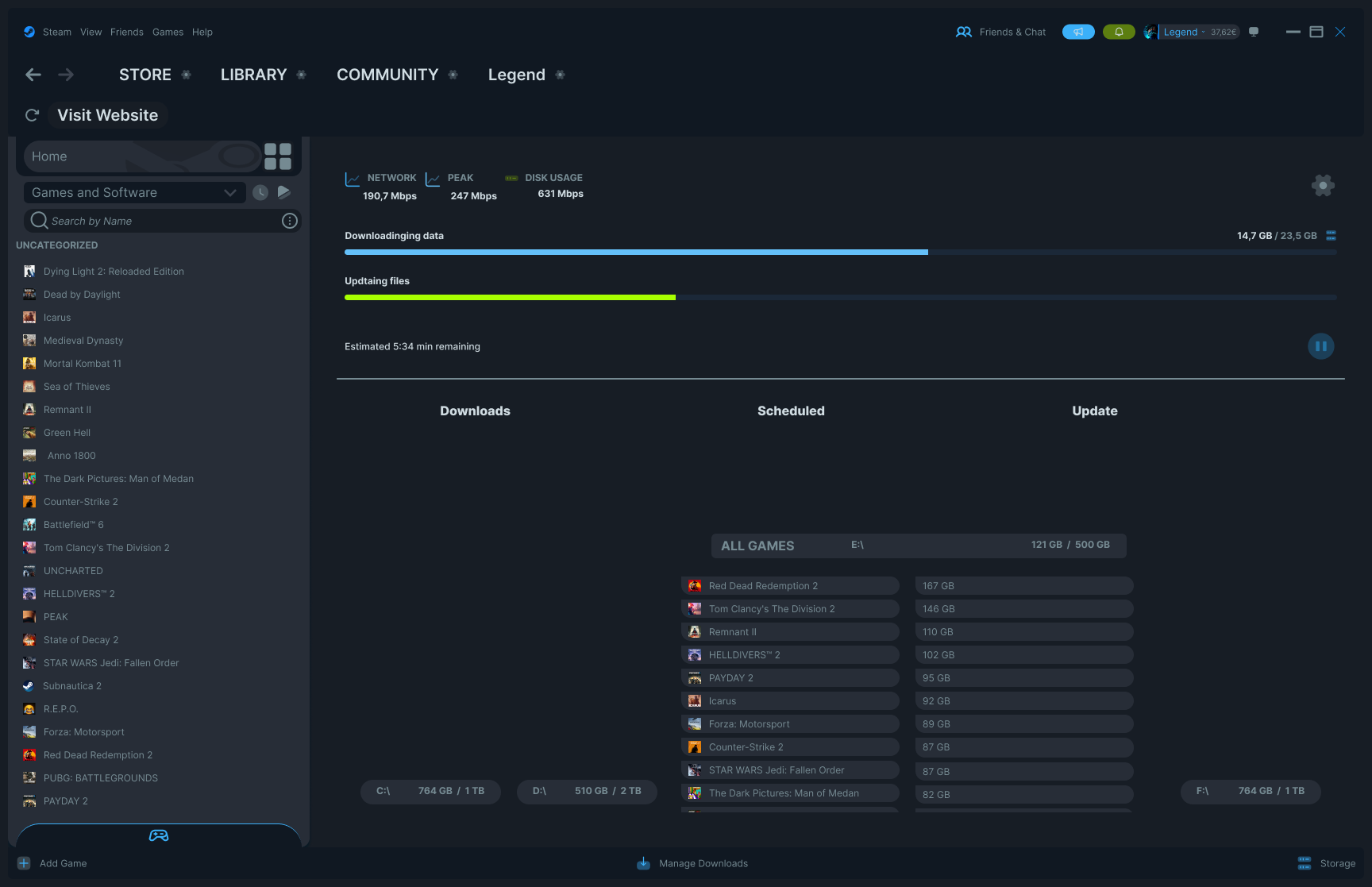 E drive expanded showing installed games and sizes