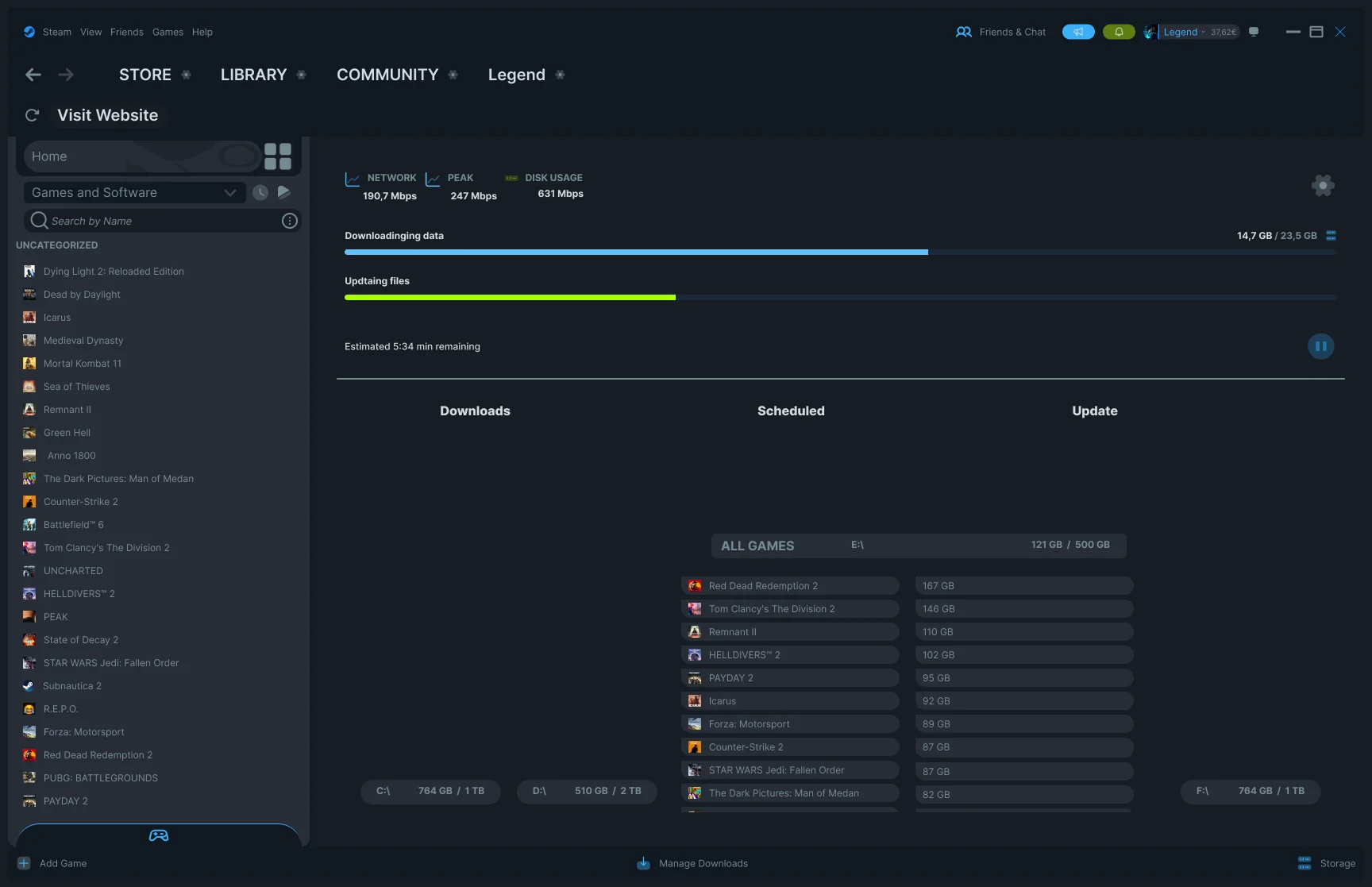 E drive expanded showing installed games and sizes