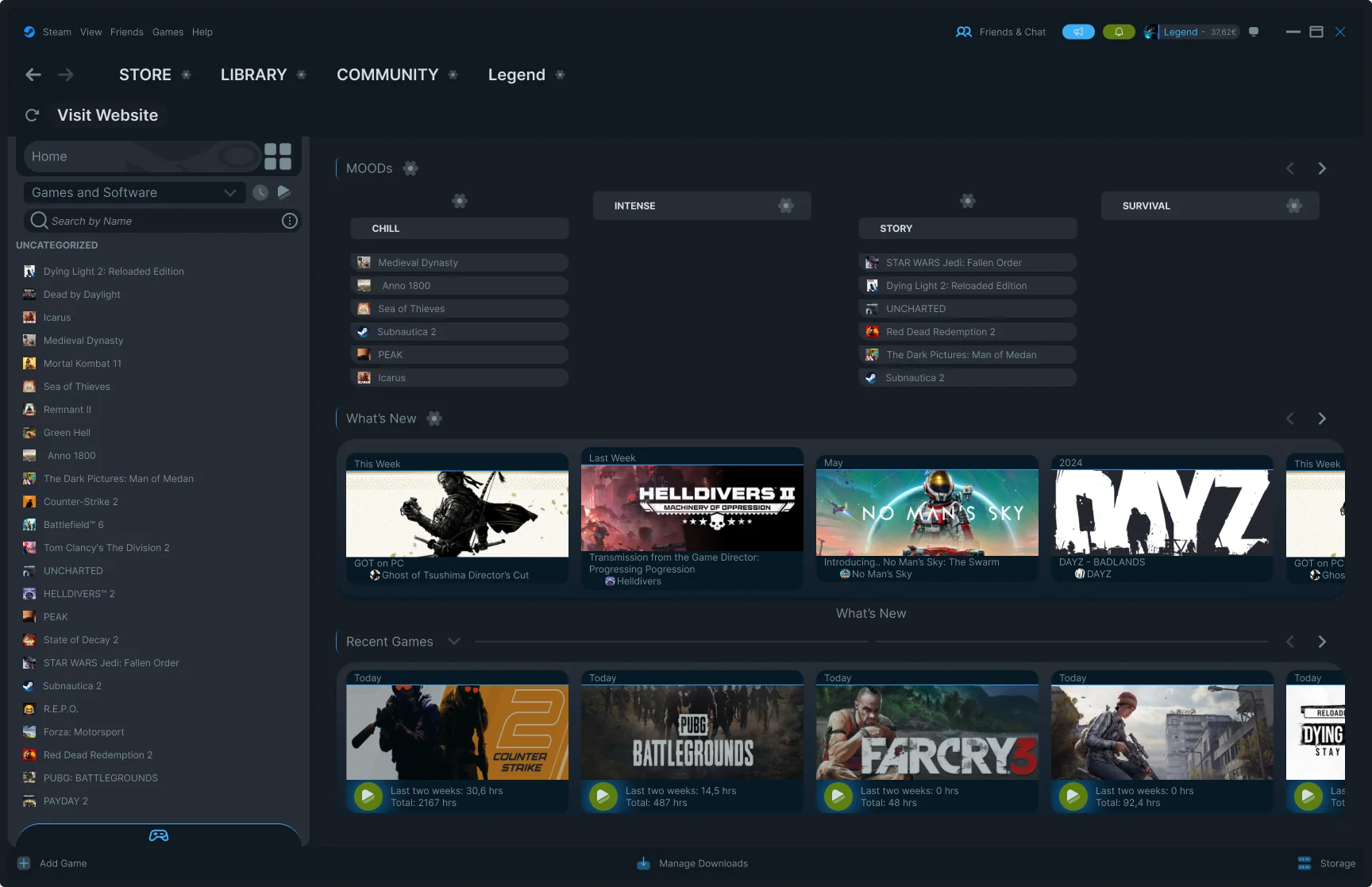 Steam Library — CHILL mood open, filtered game list