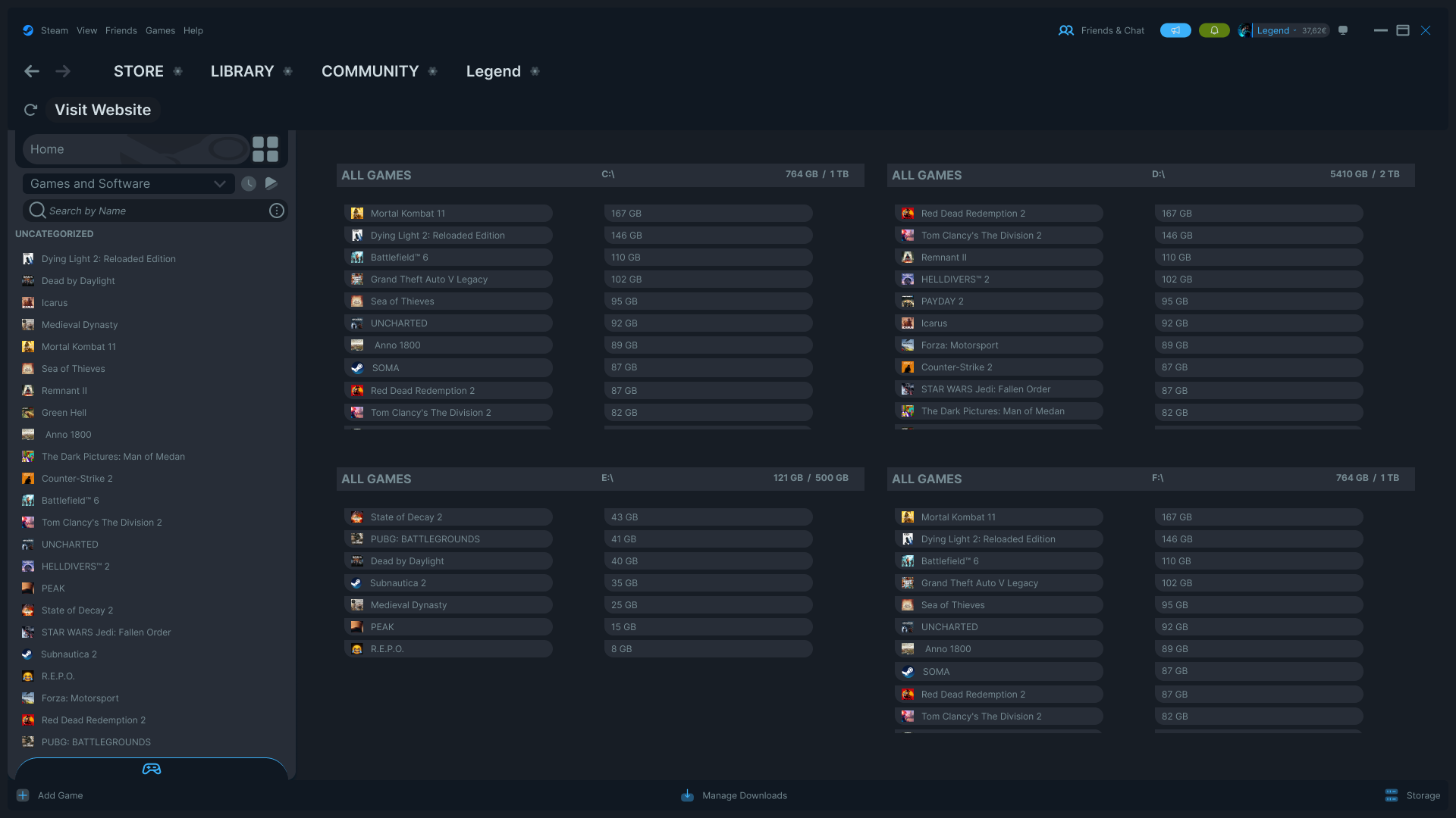 Steam Storage — full four-drive overview