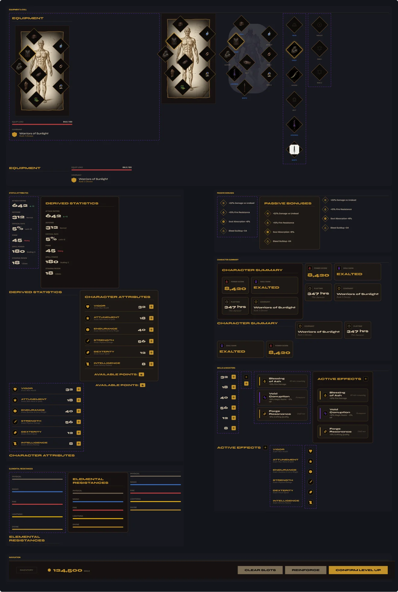Character sheet — all components
